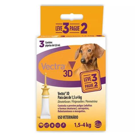 Imagem de Vectra 3D Cães 1,5 a 4kg 3 pipetas Ceva Pulgas Carrapatos e Moscas