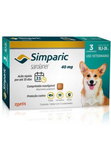 Imagem de Simparic 10mg - Cães 10,1 a 20kg - 3 comprimidos palatáveis - Pulgas Carrapatos Sarnas - Zoetis