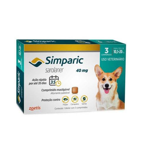 Imagem de Anti Pulgas Simparic 40 Mg 10,1 a 20 Kg Com 3 Comprimidos