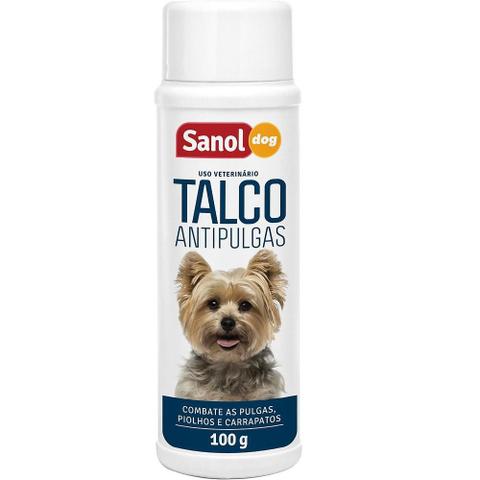 Imagem de Talco para pulgas para cães. Talco Antipulgas para Cachorro Sanol Dog 100g - Aplicação diretamente no animal e no ambiente