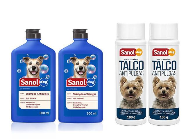 Imagem de Kit Tratamento Anti Pulga para Cachorro: 2 Shampoos Anti pulgas e 2 Talcos Anti pulgas para o animal e Ambiente Sanol