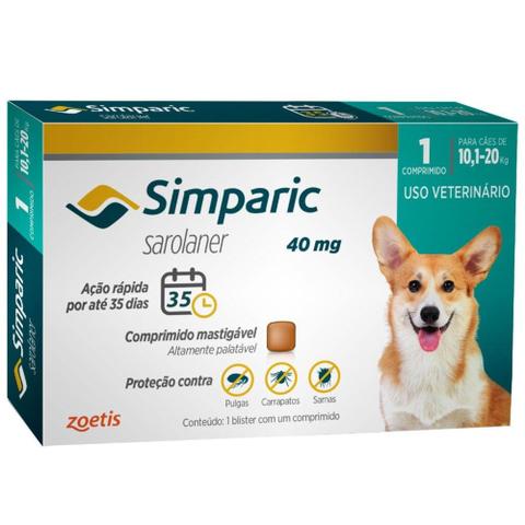 Imagem de Simparic para Cães de 10 a 20Kg - 40mg - Contra Pulgas, Carrapatos e Sarnas